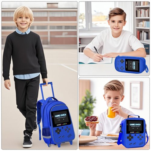ZHIMEBYE Kids Rolling Backpack for Boys - 3PCS Gamer Boys Rolling Backpack with Lunch Bag Set, Elementary Middle School Roller Bookbag with Adjustable Handle for Travel & School