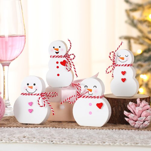 DoubleFill 4 Pcs Valentine's Day Snowman Figurine Tabletop Set Wooden Snowman Sign Tables Centerpieces Decor Heart Cute Table Decoration for Valentines Gift Wedding Party Decoration