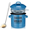 ONEARF Bacon Grease Container with Strainer - Large 46OZ Kitchen Oil Storage Can, Food Saver Bin with Lid | Farmhouse Cooking Pot Keeper Collector, Dishwasher Safe - Blue