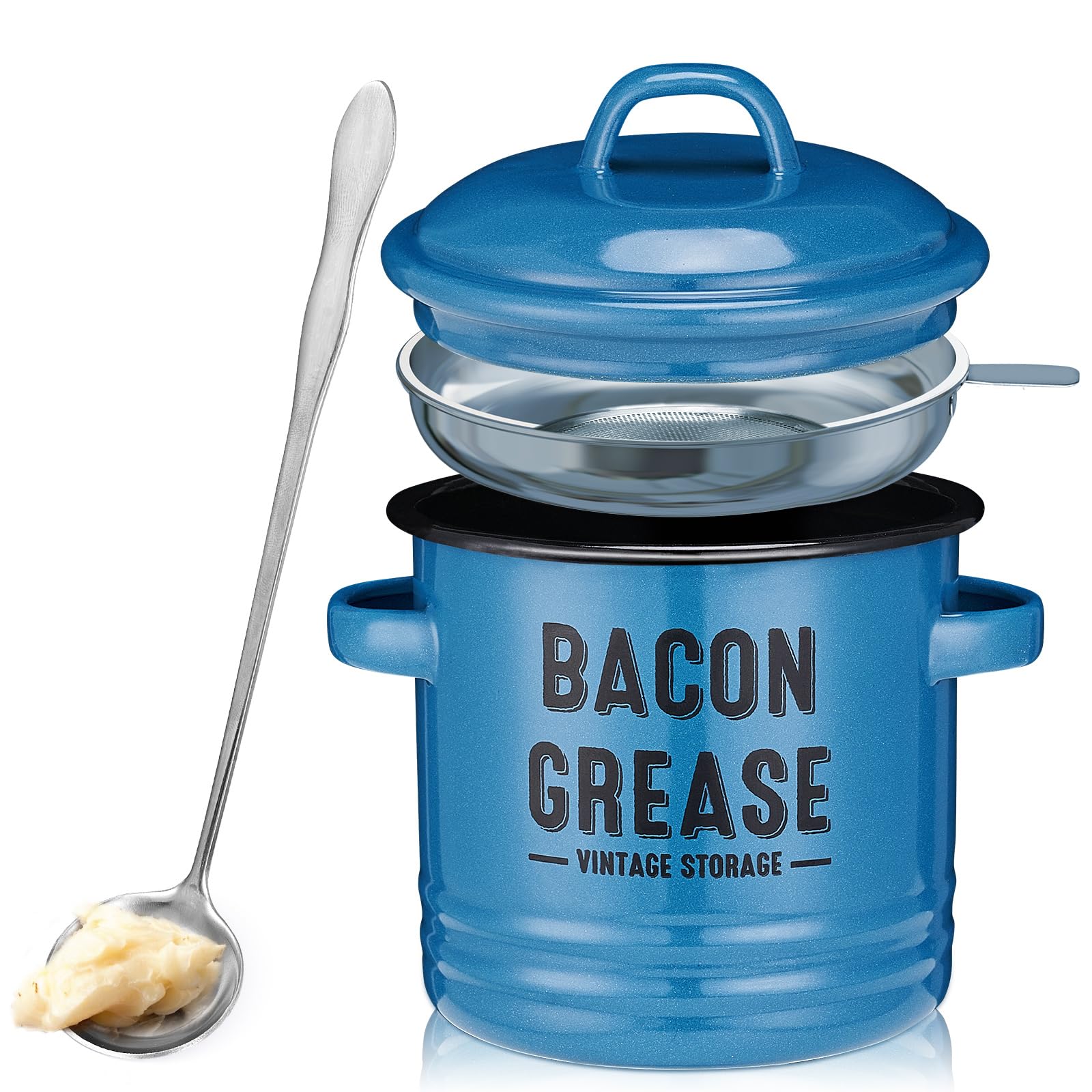 ONEARF Bacon Grease Container with Strainer - Large 46OZ Kitchen Oil Storage Can, Food Saver Bin with Lid | Farmhouse Cooking Pot Keeper Collector, Dishwasher Safe - Blue