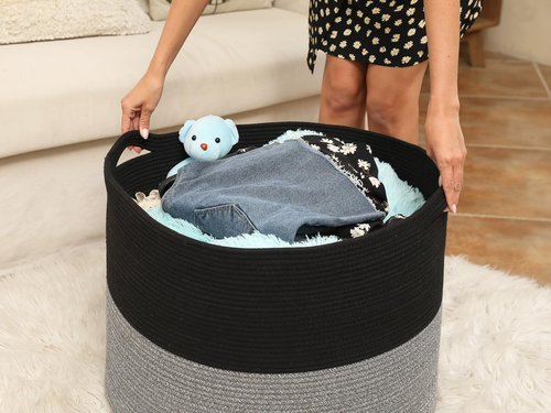 Cottonphant 24" x 24" x 17" Max Size Large Cotton Rope Basket, Extra Large Storage Basket, Woven Laundry Hamper, Cloth Storage Bin, for Blankets Clothes Towels Pillows in Living Room, Black/Grey Mix