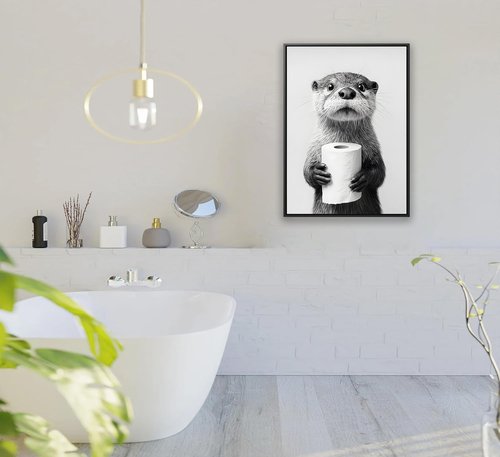 Framed Otter Bathroom Wall Art - Funny Black and White Decor for Restroom | Farmhouse Style