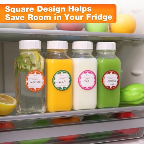 HINGWAH 4 Pack 16 OZ Glass Milk Bottles with Lids, Glass Juice Bottles with Scale & Silicone Pour Spout, Reusable Juice Containers Square Drinking Jars for Milk, Coffee, Smoothies, Water