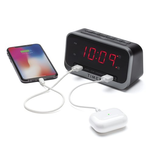 Timex Bedside Alarm Clock with Dual USB Charging, Dual Alarm, Nightlight, Snooze bar, and Battery Backup (T1300)