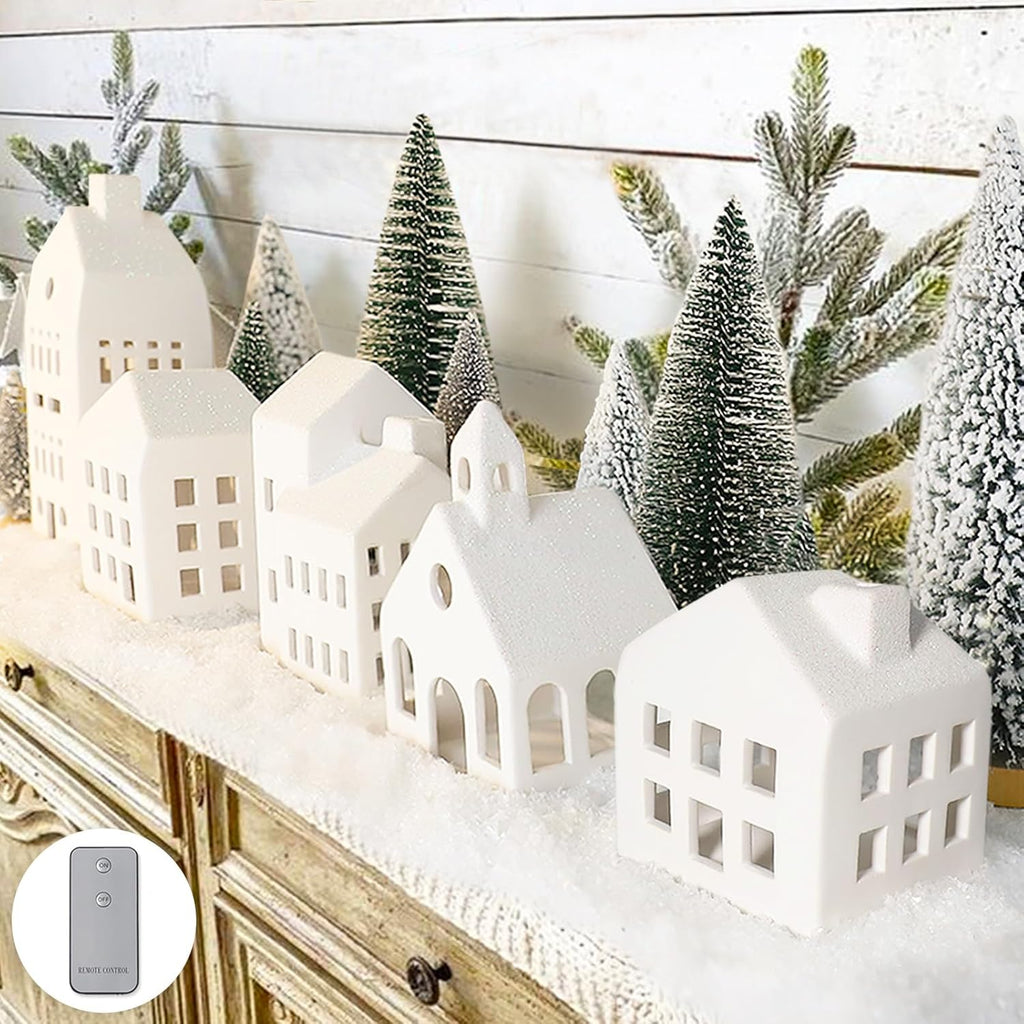 Skiennix Christmas Village Set - 5 Lighted Ceramic Houses with Remote Control & 9 Trees | Rustic Indoor Holiday Decor