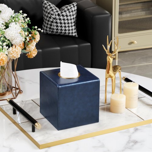 MEIBOOCH Square Tissue Box Cover, Luxury PU Leather Tissue Holder with Magnetic Closure (Navy Blue)