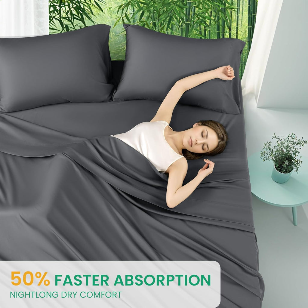 SONORO KATE Queen Size Bamboo Viscose Sheets - Ultra Breathable & Cooling 4PC Set (Dark Grey)
