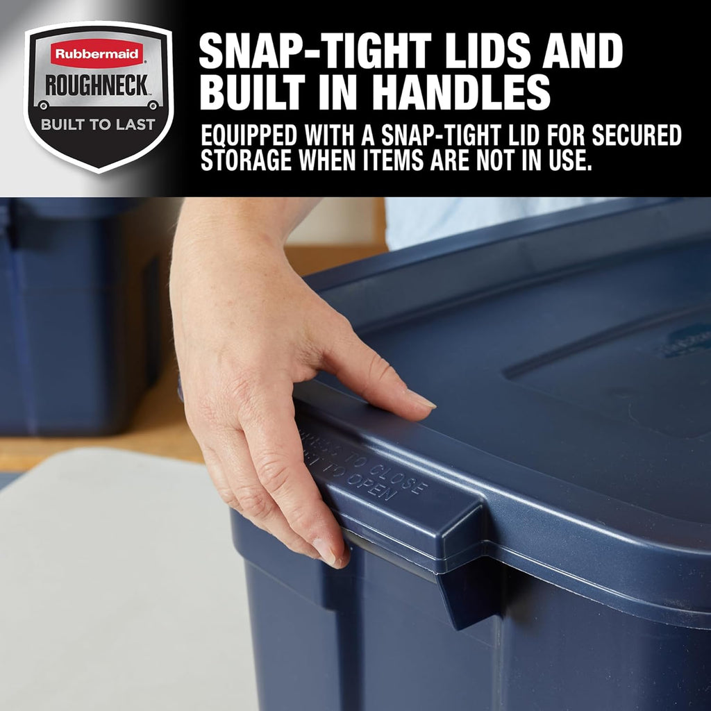 Rubbermaid Roughneck Tote - 14 Gallon Stackable Storage Bins with Lids & Handles | Dark Indigo Metallic, 6 Pack