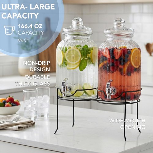 Style Setter Canyon Glass Beverage Dispenser with Stand Set of 2-1.3 Gallon Drink Dispenser with Stand & Spigot - Leak-Proof Lemonade Dispenser - Punch Dispenser for Parties, Weddings, Birthdays