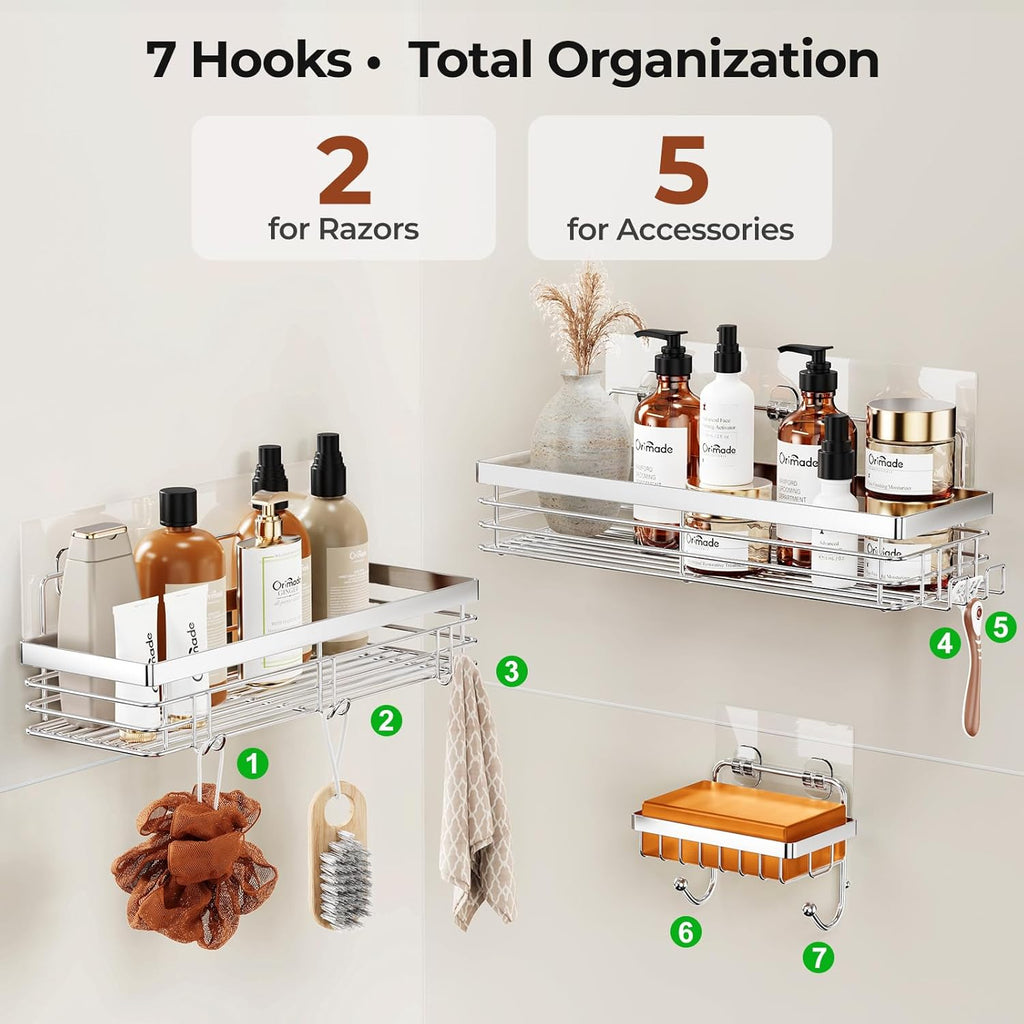 Orimade Shower Caddy | Wall-Mounted Soap Dish Holder with 5 Hooks - Stainless Steel, 3 Pack, Silver