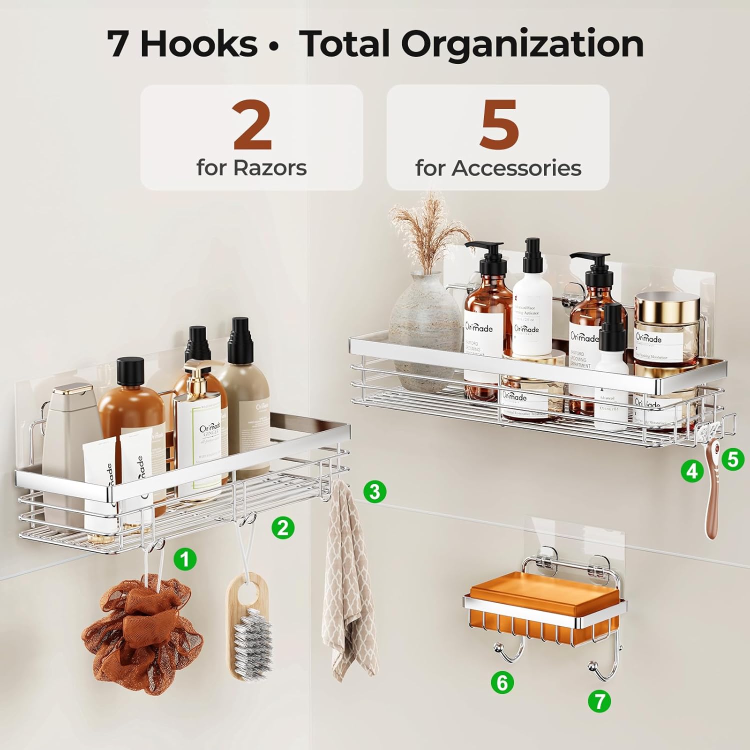 Orimade Shower Caddy | Wall-Mounted Soap Dish Holder with 5 Hooks - Stainless Steel, 3 Pack, Silver