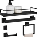 6 Pieces Bathroom Hardware Set, Matte Black Bathroom Accessories Set, Stainless Steel Towel Racks for Bathroom w/Roomy 15.7”x5.9” Shelf, Toilet Paper Holder, 2 Adhesive Hooks, Towel Bar
