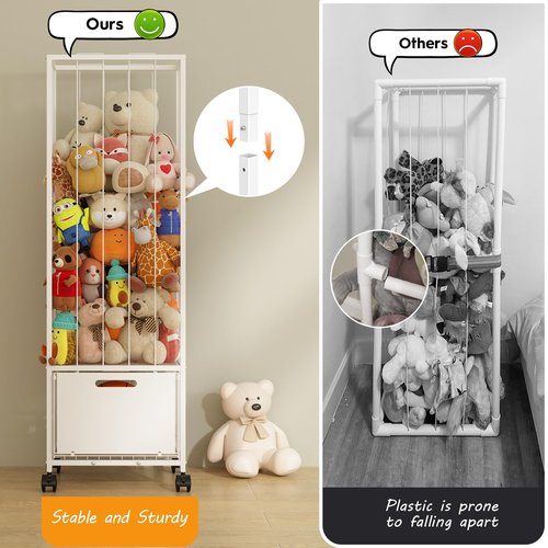 Bukfen Metal Stuffed Animal Storage Zoo Organizer, Extra Large Plush Toy Holder with Adjustable Elastic Cords & 4 Wheels, Vertical Space-Saving for Kids Nursery Playroom Bedroom, White