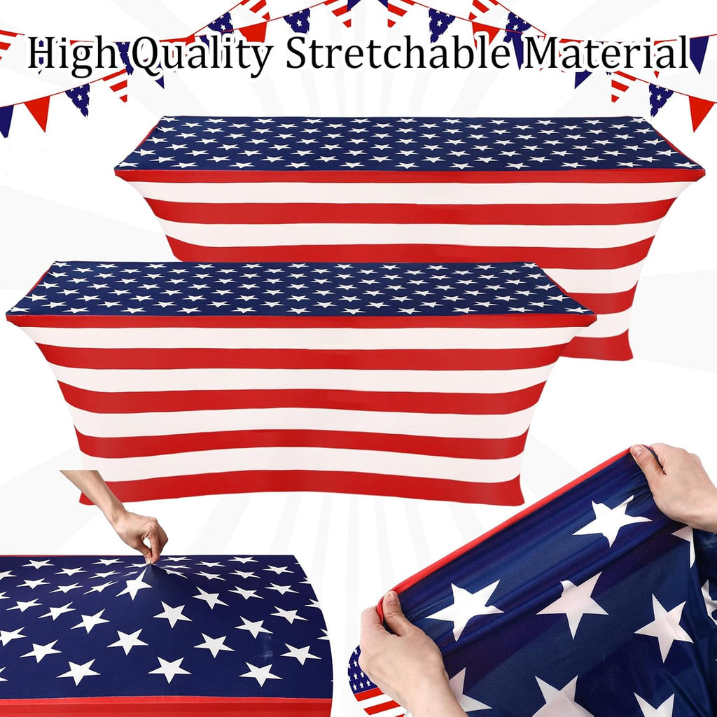 Oudain 2 Pcs Stretch Table Covers - Patriotic Red, White & Blue Spandex for 4th of July Celebrations | 6 Feet