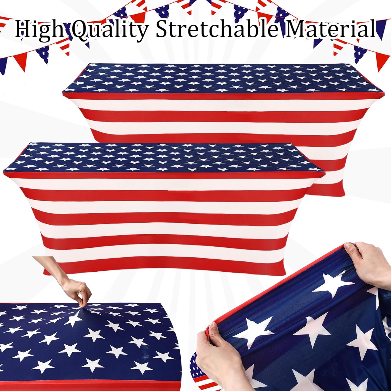 Oudain 2 Pcs Stretch Table Covers - Patriotic Red, White & Blue Spandex for 4th of July Celebrations | 6 Feet
