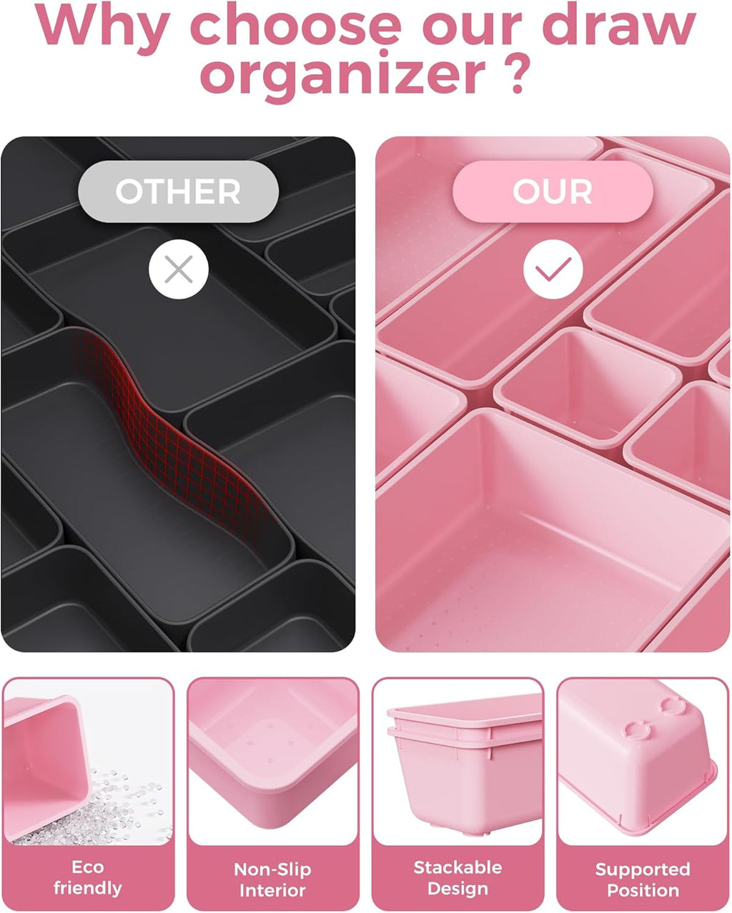 BiuLeon 25 PCS Plastic Drawer Organizers Set - Versatile Makeup & Vanity Storage | Pink, 4 Sizes
