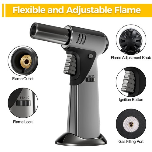 Butane Torch, Butane Refillable Kitchen Cooking Torch, Torch Lighter with Safety Lock And Adjustable Flame For BBQ, Baking, Brulee Creme, Crafts and Soldering(Butane Gas Not Included)