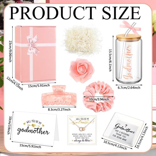 Honeydak 8 Pcs Godmother Proposal Gift Set Will You Be My Godmother from Godchild 16oz Glass Cup Necklace Trinket Ring Dish Gift Box for Mother's Day Easter Birthday Baptism(Rose Gold)