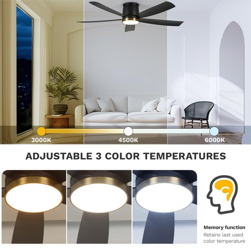 DWVO 52 Inch Ceiling Fans with Lights, Flush Mount Ceiling Fan with Remote Control, 3CCT Dimmable LED, Quiet Reversible DC Motor, 6 Speeds, 5 Blades Ceiling Fan for Bedroom, Living Room, Dining Room