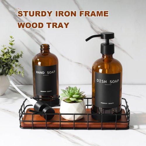 Kitchen Soap Dispenser Set with Tray, Amber Glass Soap Dispensers with Iron Basket, Decorative Hand and Dish Soap Dispenser Set, Soap and Lotion Dispensers for Kitchen and Bathroom Storage Organizer