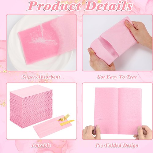 60 Pcs Pink Linen-Feel Paper Napkins with Built-in Flatware Pocket, Mother's Day Pocket Linen Napkin Prefolded Cloth Like Paper Napkins Bulk for Anniversay Wedding Baby Shower Birthday Bridal Party