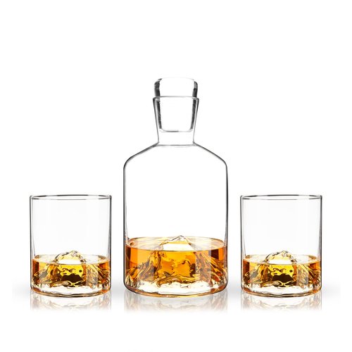 Viski Mountain Decanter and Tumbler Set, Percect for Scotch and Bourbon, Hand-Blown Whiskey Gifts for Men, Set of 3, 24oz Decanter, 9oz Tumblers