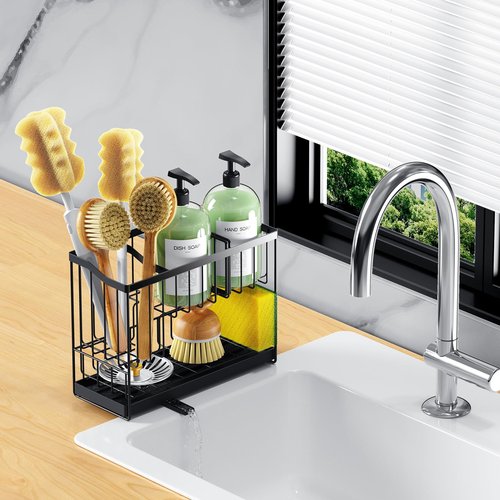 DYFVPOU Kitchen Sink Caddy, 2-Tier Self-Draining Sponge & Dish Brush Holder, Rustproof 304 Stainless Steel Space-Saving Organizer with Drying Tray, Black