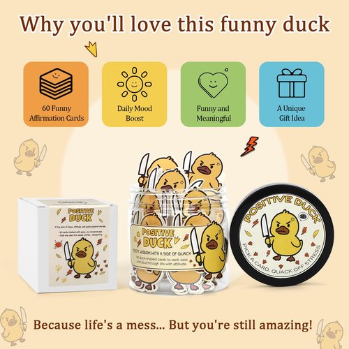 JULEASEL Positive Duck Affirmation Jar – 60 Funny Motivational Cards with Sarcastic Humor for Daily Smiles, Adorable Gift for Women Men, Funny Duck Gifts for Office Stress Relief & Daily Motivation
