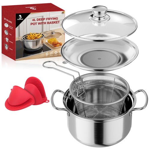 4L/4.2Qt Deep Frying Pot with Basket, Multi-Functional Stainless Steel Stove Top Deep Fryer Pot with Basket and Lid & Oil Strainer For Frying, Stewing, Boiling for Home Use