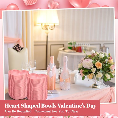 Hushee 50 Pack Valentine's Day 6 Inch Heart Shaped Dish Pink Snack Candy Bowl Plastic Heart Small Salad Bowl Mini Sauce Seasoning Dishes Appetizer Sushi Dipping Plates for Wedding Birthday Party