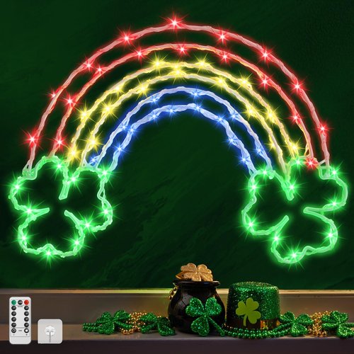 Lewondr St Patricks Day Decorations, 68LEDs Rainbow Window Lights USB Operated with Remote 8 Modes, St Patricks Day Party Decor Silhouette Lights, 1 Pack
