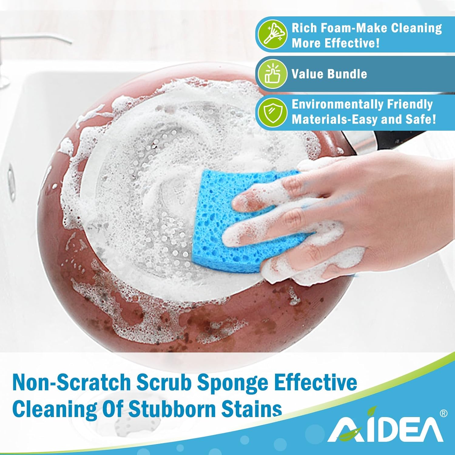AIDEA Non-Scratch Scrub Sponges - 6 Count | Fast Cleaning Power for Non-Stick Cookware & Dishes