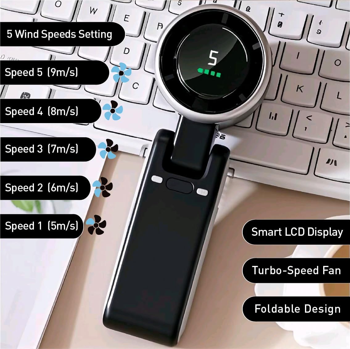 Skiennix Portable Handheld Turbo Fan - 3-in-1 Battery Operated with 5 Speeds | 20-Hour Runtime, Black