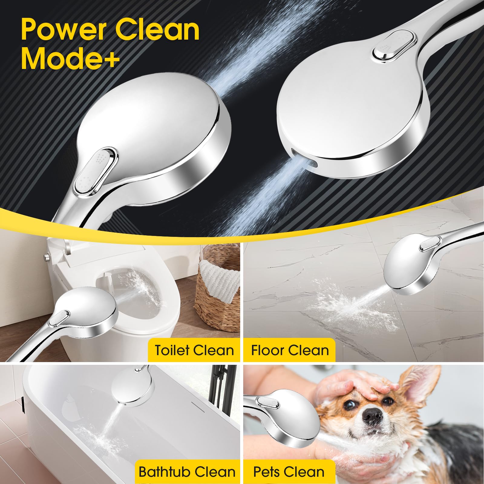 XFTHyzo 8-Mode High Pressure Handheld Shower Head with ON/OFF Switch,Handheld Shower Wand with Power Wash Spray for Cleaning Tubs,Pets & Tiles,79-Inch Stainless Steel Hose & Bracket,Chrome