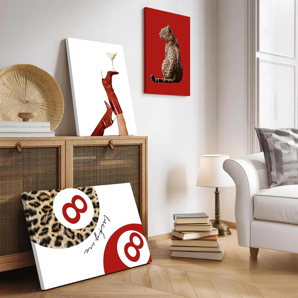 Skiennix Leopard Canvas Wall Art Set of 3 - Red Cheetah High Heel & Lucky 8 Ball Prints | 16x24 Inch Framed Decor for Girls' Bedroom