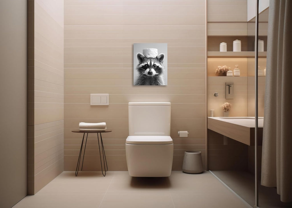 Raccoon Bathroom Wall Art - Funny Animal Canvas Print | Black and White Toilet Decor 8x10 Inch