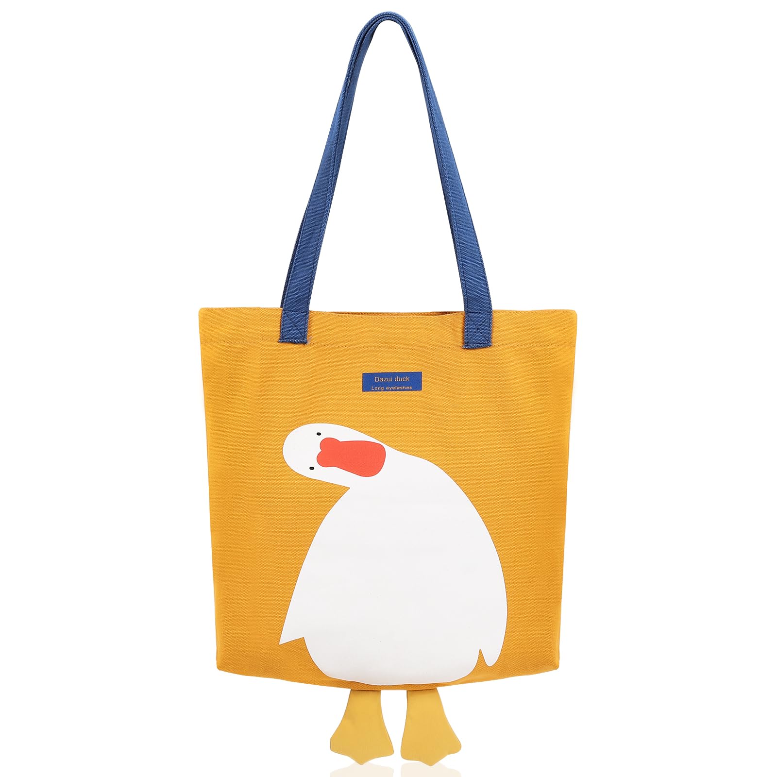 MEETPET Cute Canvas Tote Bag for Women Reusable Cotton Cloth Bag for Lunch Grocery Shopping and Beach with 3D Duck Design (Shoulder Carry Yellow Duck)