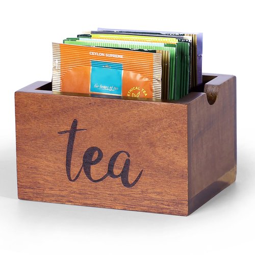 Acacia Sugar Packet Caddy for Coffee Bar, Farmhouse Wood Sugar Holder Packets , Sugar Packet Container, Small Tea Bag Organizer for Office Table,Hotel, Restaurant, Brown Labeled "Tea"