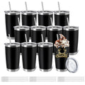 YOUKE OLA 12 Pieces Insulated Coffee Tumbler Blank Stainless Steel Double Wall Vacuum Travel Tumbler Cup with Lid and Straw for DIY Gift, Black 20oz