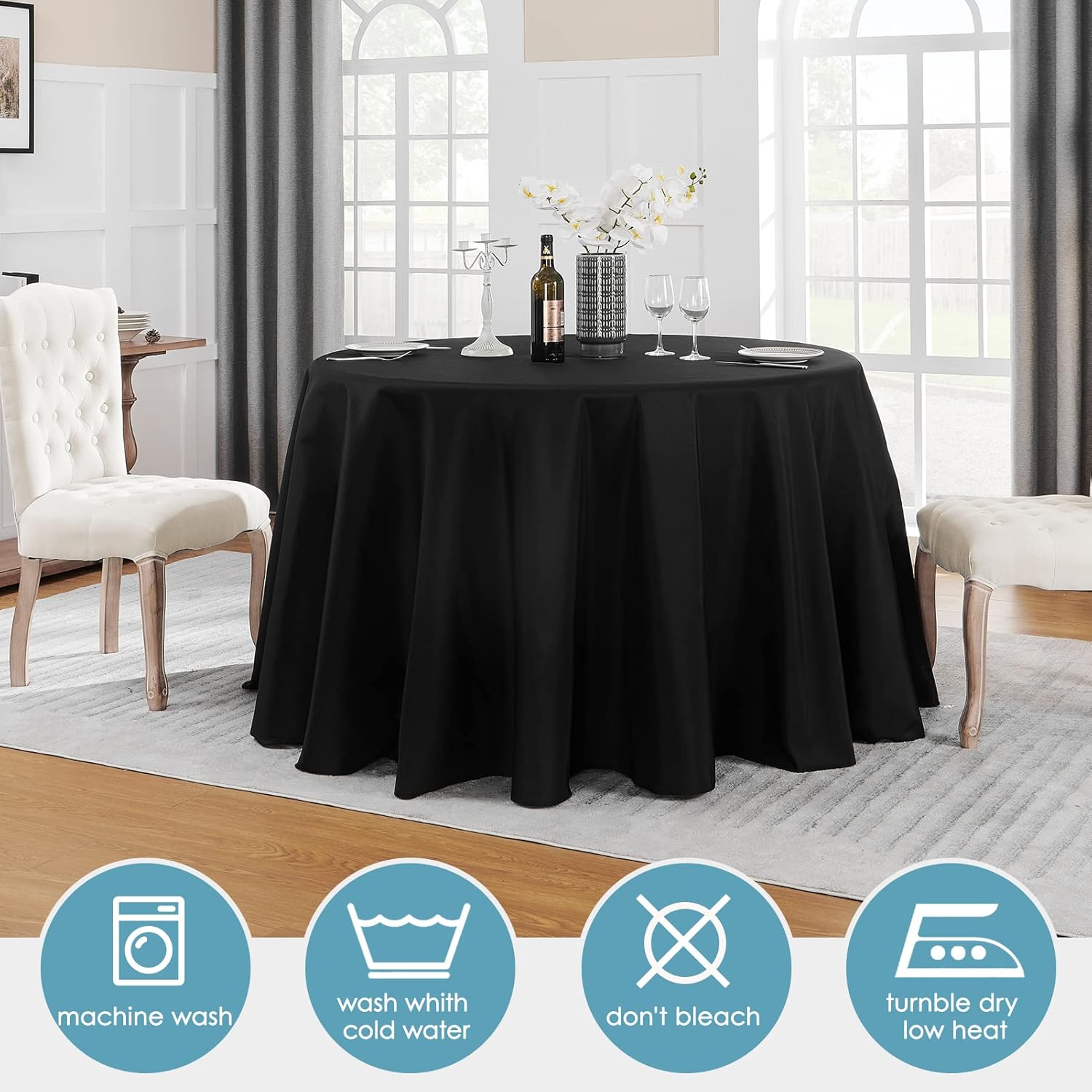 VidaFete 90-Inch Round Tablecloth - Stain Resistant & Wrinkle-Free Polyester for Dining & Events | Black