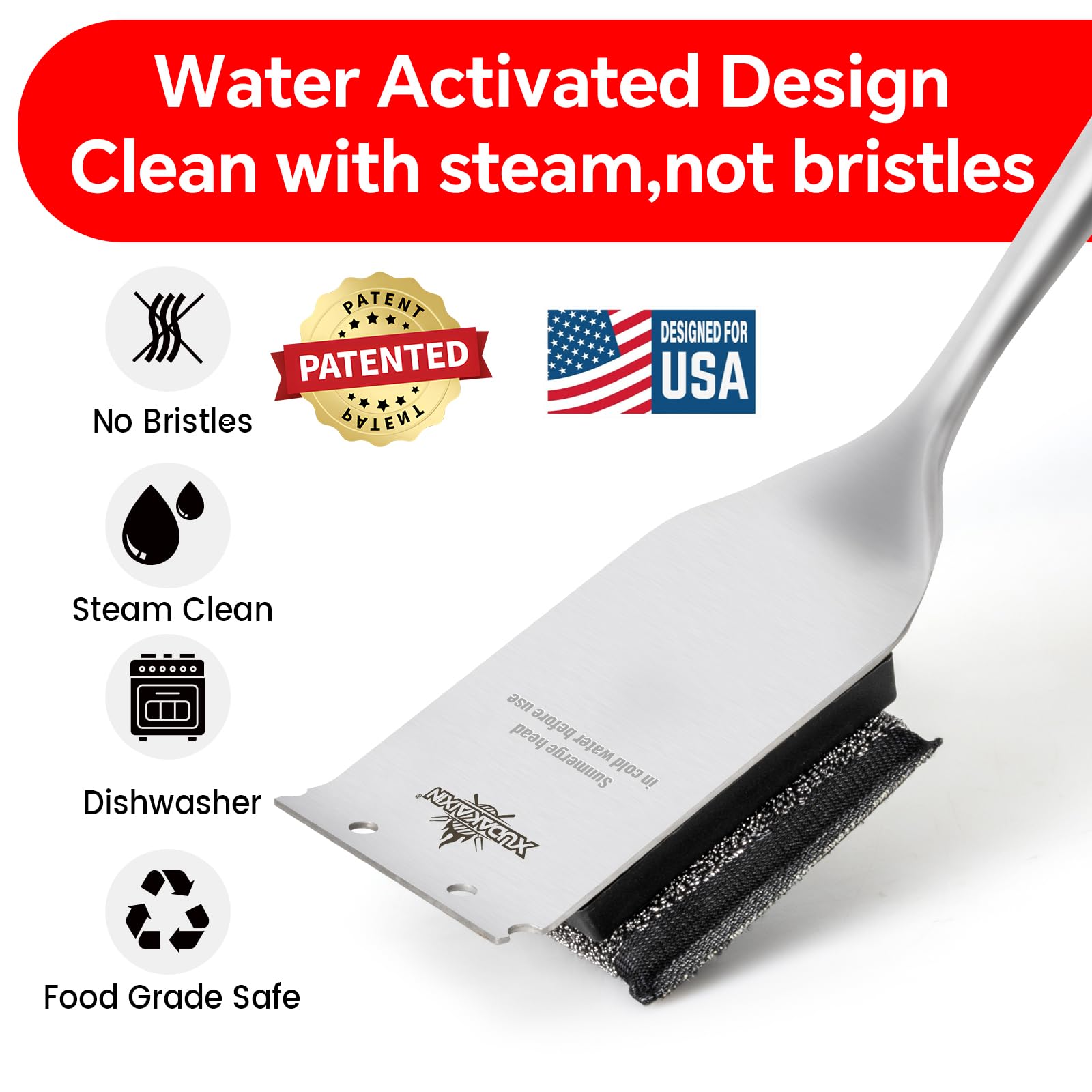 XUDAKAIXIN Bristle-Free Steam Grill Brush – No Bristle Shedding, with Replacement Head. Ultra-Safe & Efficient Cleaner for Cast Iron and Stainless Steel Outdoor Grills