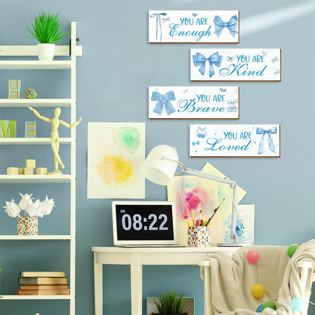 Skiennix 4 Pcs Blue Coquete Bow Room Decor - Trendy Preppy Wall Art for Teen Girls' Bedroom & Bathroom