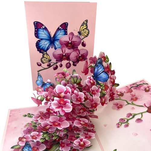 Pop Up Orchid and Butterfly Greeting Card for Birthdays, Thank You, Get Well, Mothers Day or Any Occasion. By Devine Cards