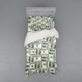 Ambesonne Money Duvet Cover Set, Dollar Bills of United States Federal Reserve The Ben Franklin Portrait, 3 Piece Bedding Set with Sham and Fitted Sheet, Twin Size, Green Grey
