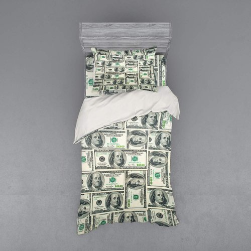Ambesonne Money Duvet Cover Set, Dollar Bills of United States Federal Reserve The Ben Franklin Portrait, 3 Piece Bedding Set with Sham and Fitted Sheet, Twin Size, Green Grey