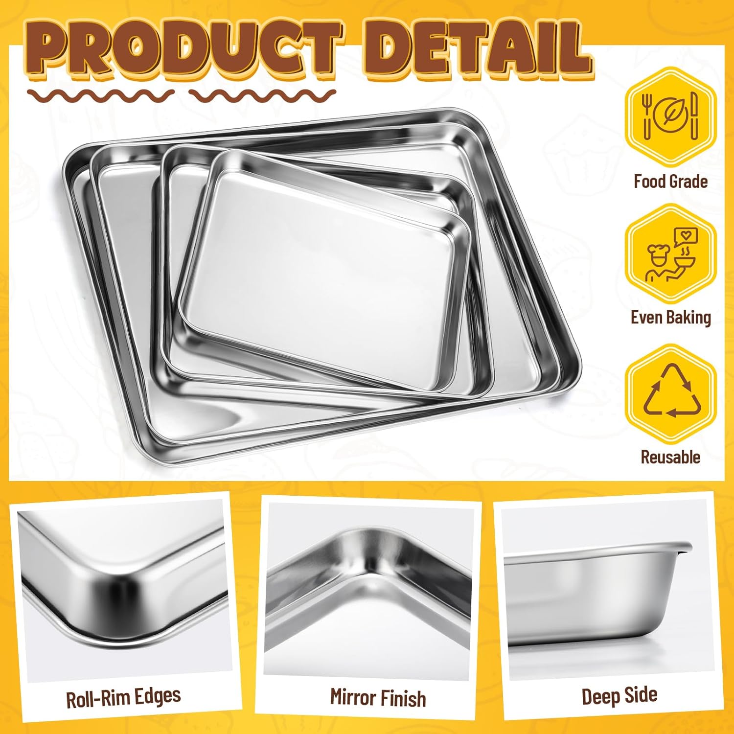 Skiennix Stainless Steel Baking Pans Set - 4 Pack Commercial Grade Cookie Sheets | 10/12/16/18 Inch Non-Stick Cookware
