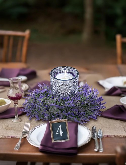 BLOSMON Lavender Centerpieces Wreath - 2pcs 13-Inch Purple Artificial Flower Candle Rings for Wedding Decor