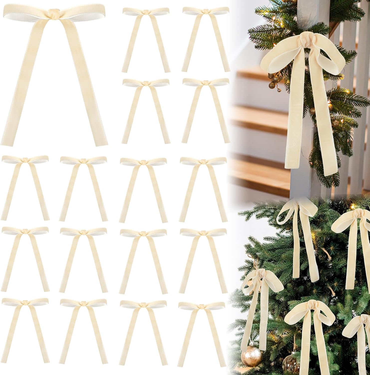 Skiennix 24 Pcs Velvet Bows - Vintage Ribbon Bows for Christmas Tree & Crafts | Beige, 5 x 7 Inch