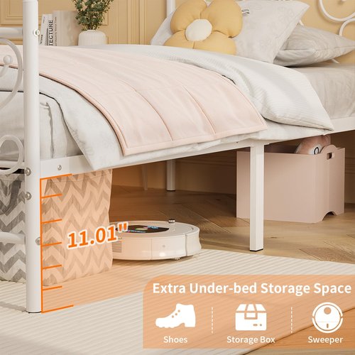 Merronix Twin Bed Frames with Butterfly Pattern Headboard and Footboard，Twin Size Bed Easy Assembly No Box Spring Needed Heavy Duty Metal Platform, White