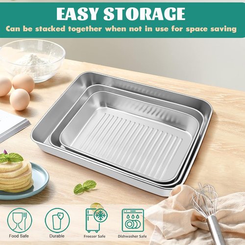 E-far Stainless Steel Baking Pans Set of 3 - Non-Toxic, Dishwasher Safe, Rectangle Trays 12.5/10.5/9.4 Inch
